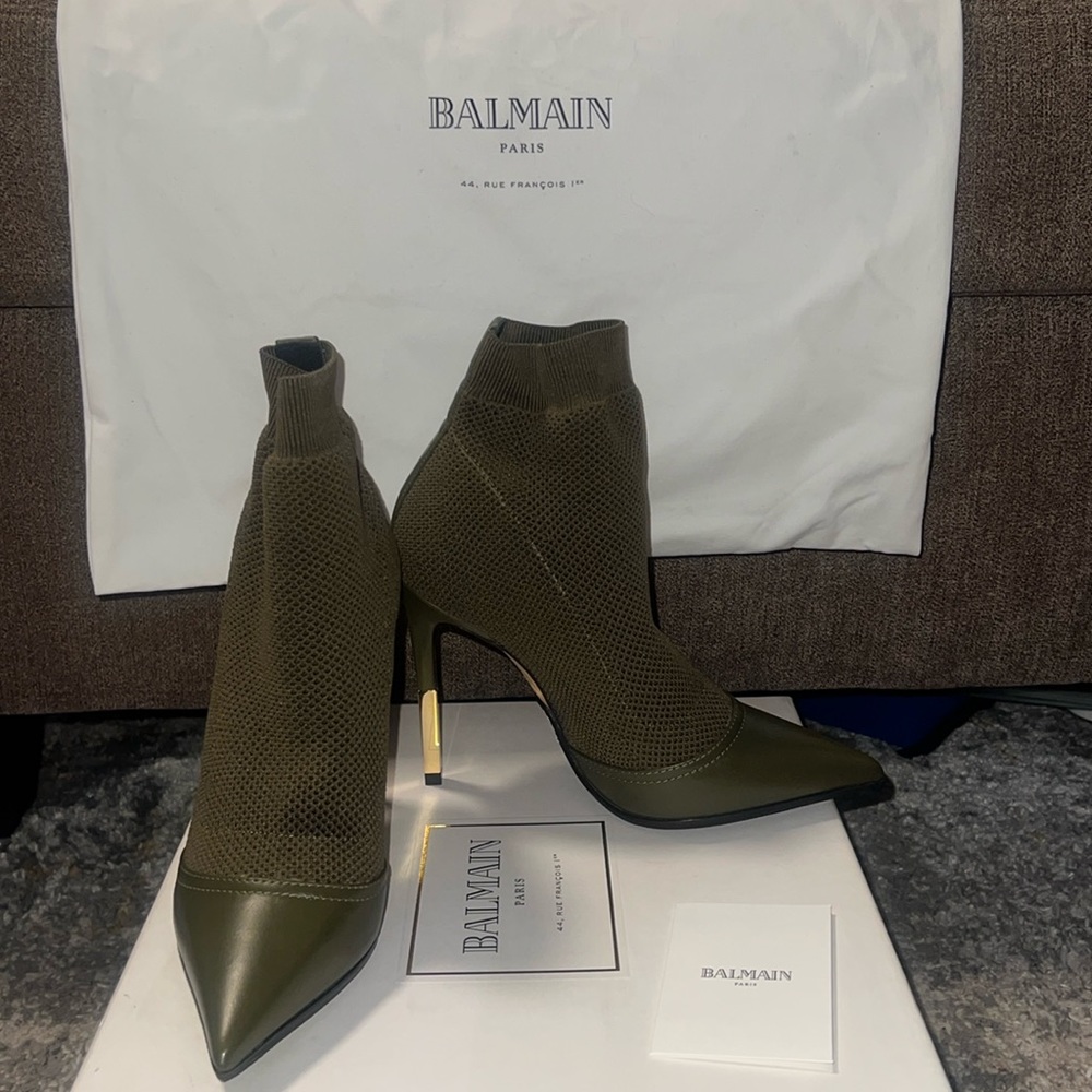 BALMAIN KHAKI STRETCH KNIT ANKLE BOOTS